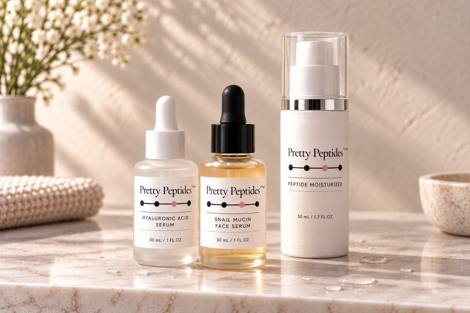 Pretty Peptides™ Hydration Set — Hyaluronic Acid Serum, Snail Mucin Face Serum and Peptide Moisturizer on wet marble
