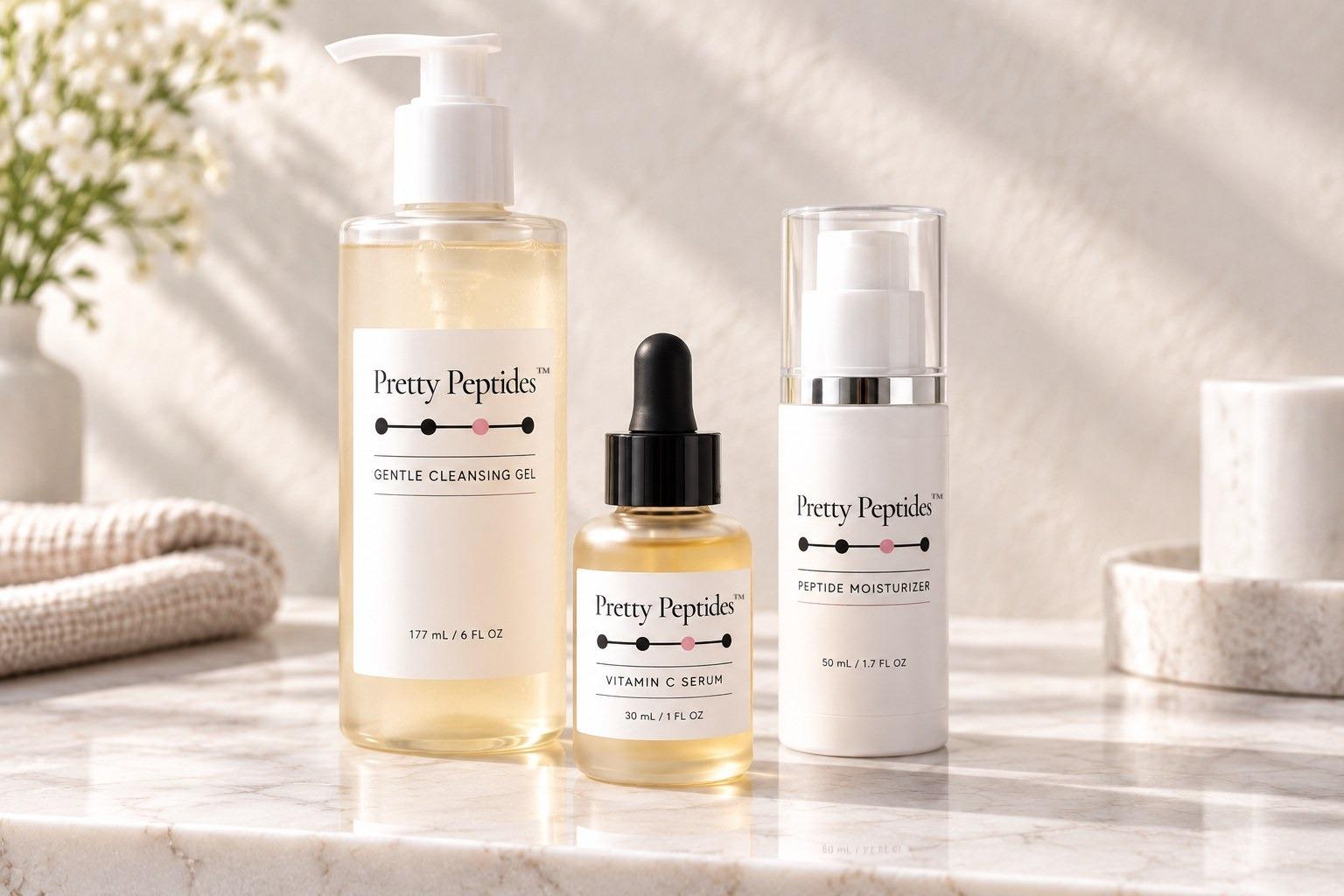 Pretty Peptides™ Morning Ritual set — Gentle Cleansing Gel, Vitamin C Serum and Peptide Moisturizer on a marble ledge