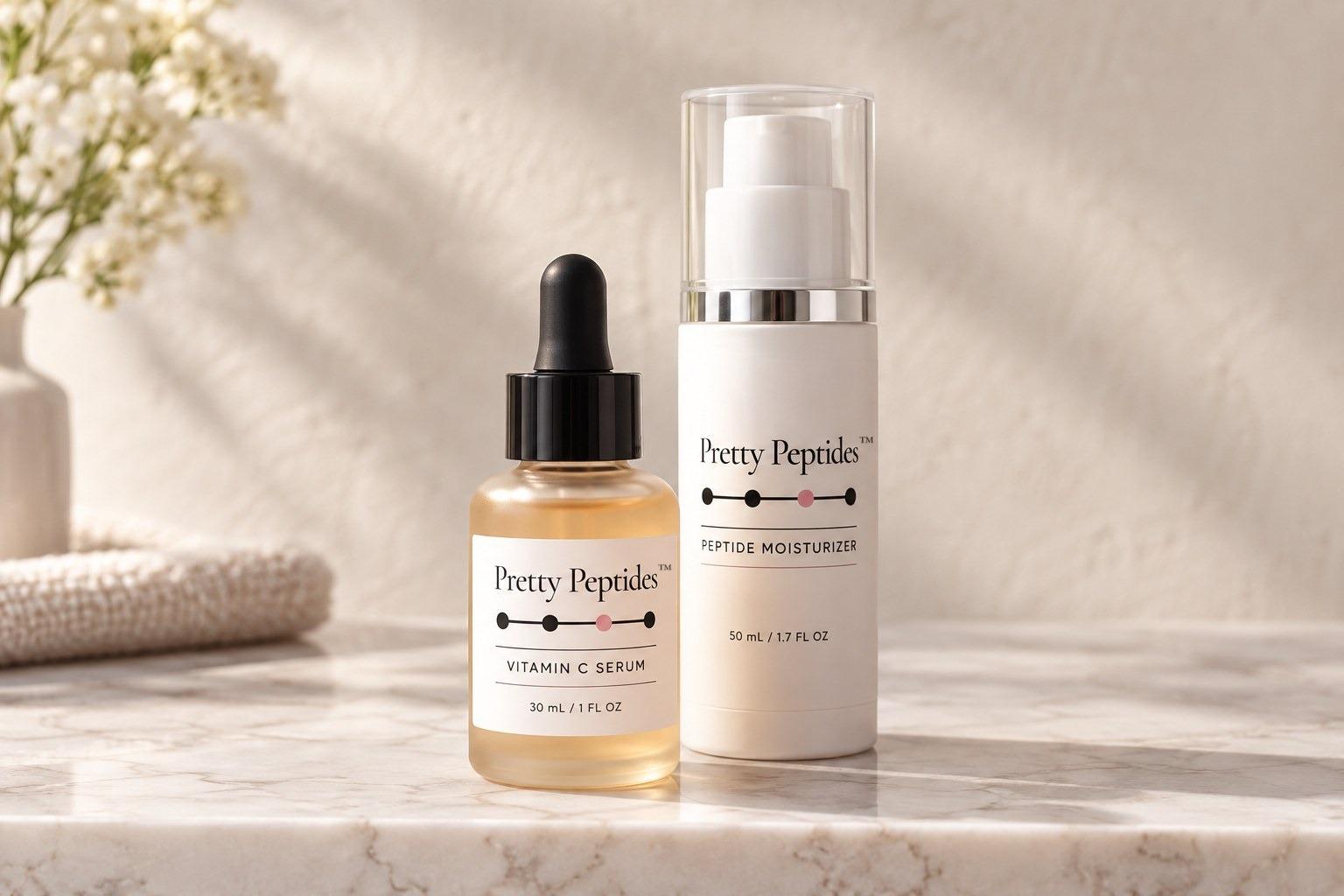 Pretty Peptides™ Starter Duo — Vitamin C Serum and Peptide Moisturizer on a marble ledge in morning light