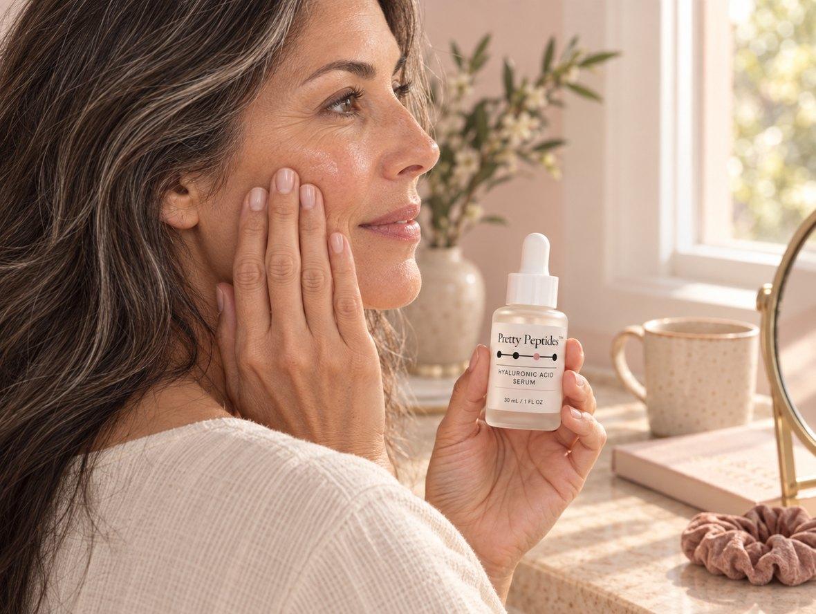 Woman pressing serum into her cheek, holding Pretty Peptides Hyaluronic Acid Serum
