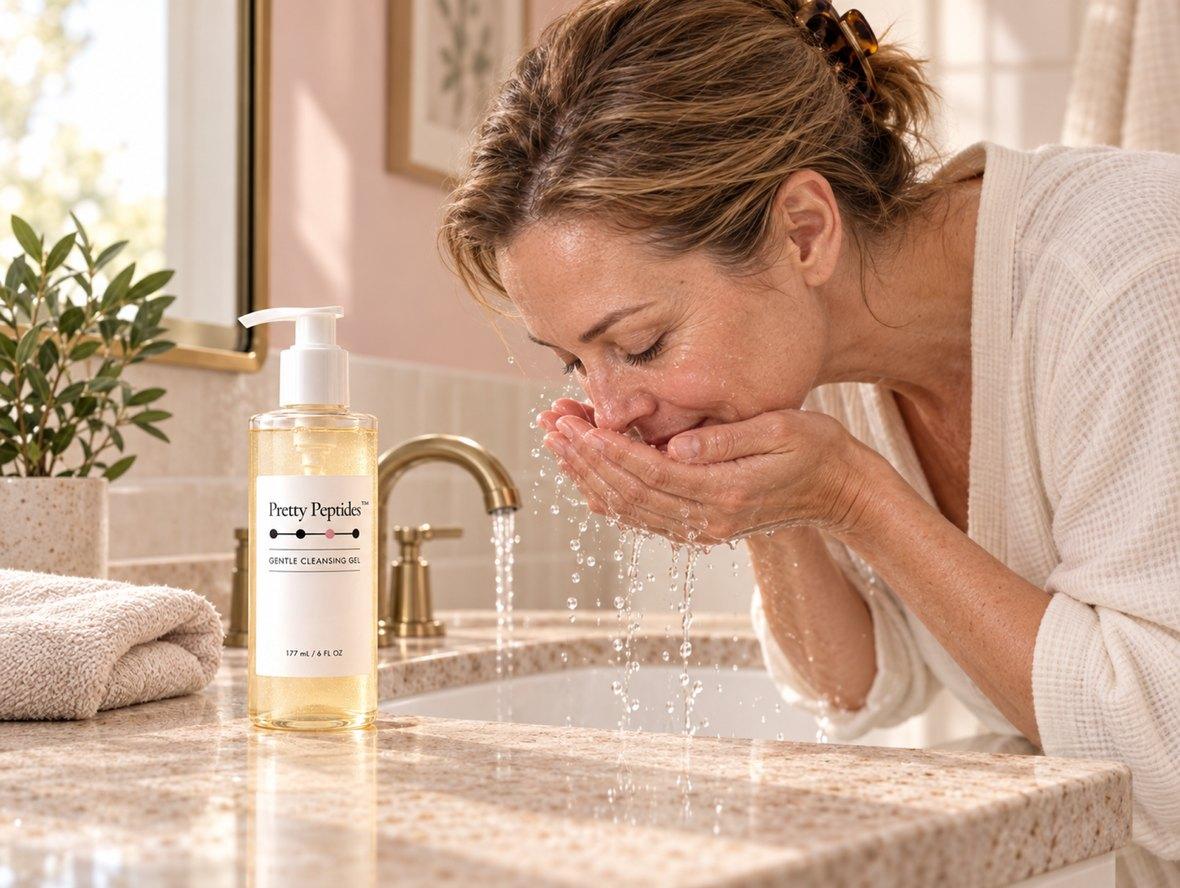 Woman rinsing her face at the sink, Pretty Peptides Gentle Cleansing Gel on the counter
