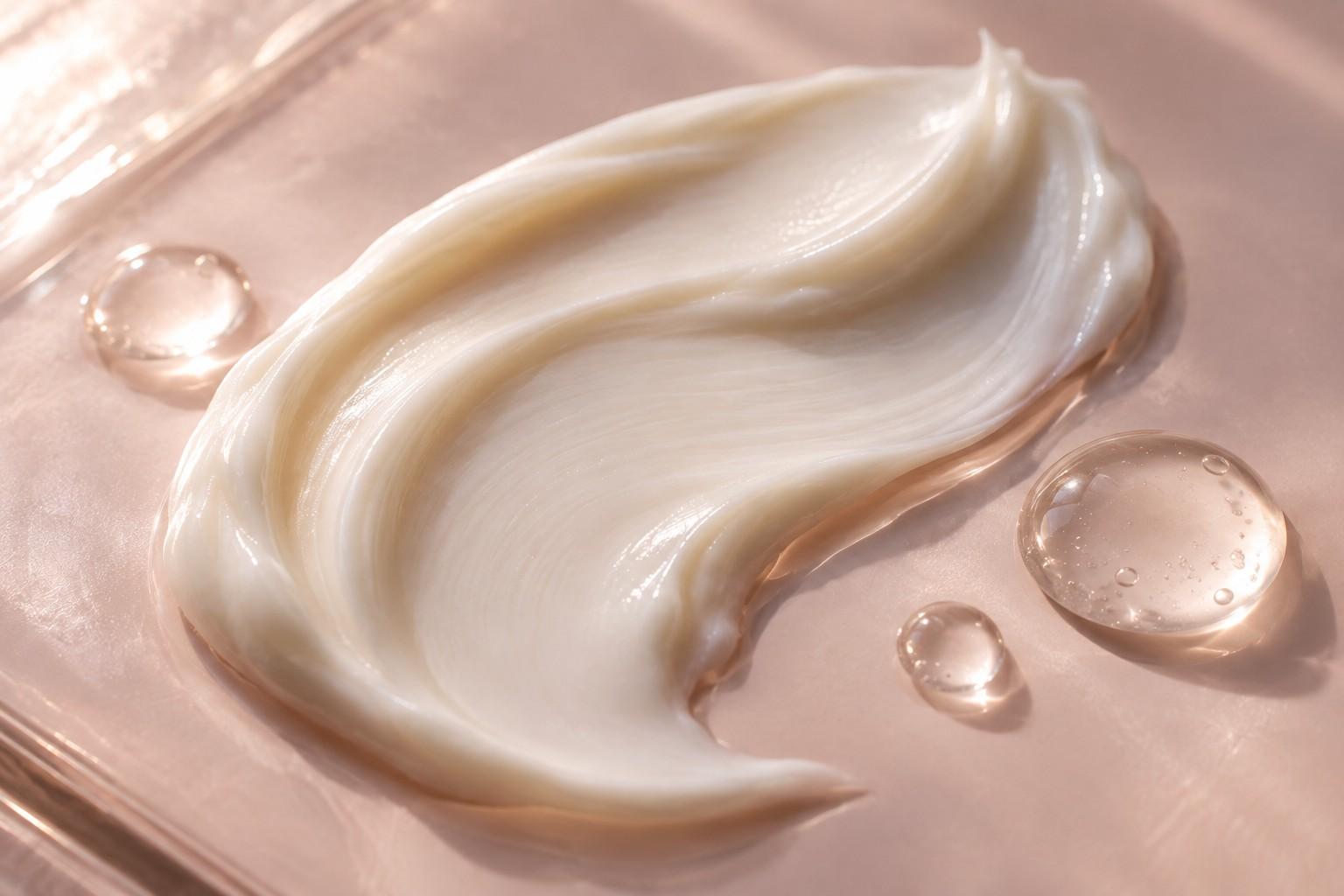 A cream swirl and clear serum droplets on a blush-colored surface; illustrative texture