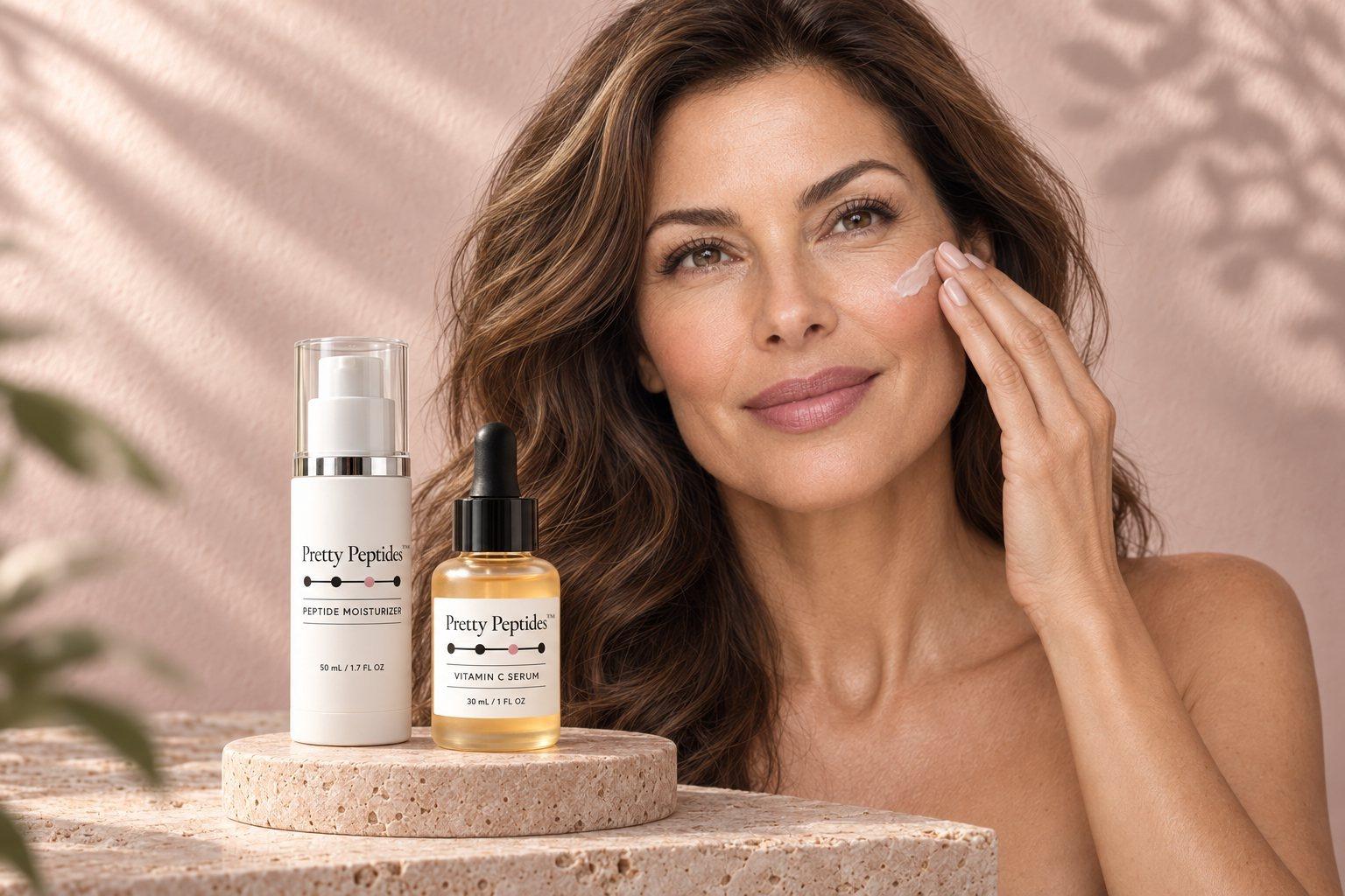 Smiling woman smoothing Pretty Peptides moisturizer onto her cheek, beside the Pretty Peptides Peptide Moisturizer and Vitamin C Serum