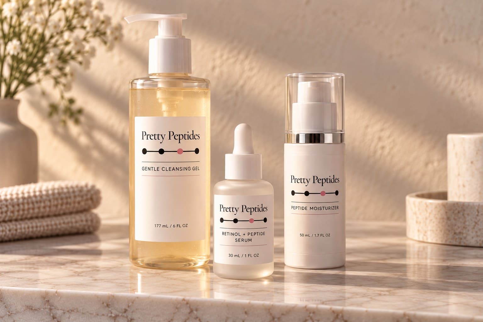 Pretty Peptides Evening Edit set — Gentle Cleansing Gel, Retinol + Peptide Serum and Peptide Moisturizer in warm evening light