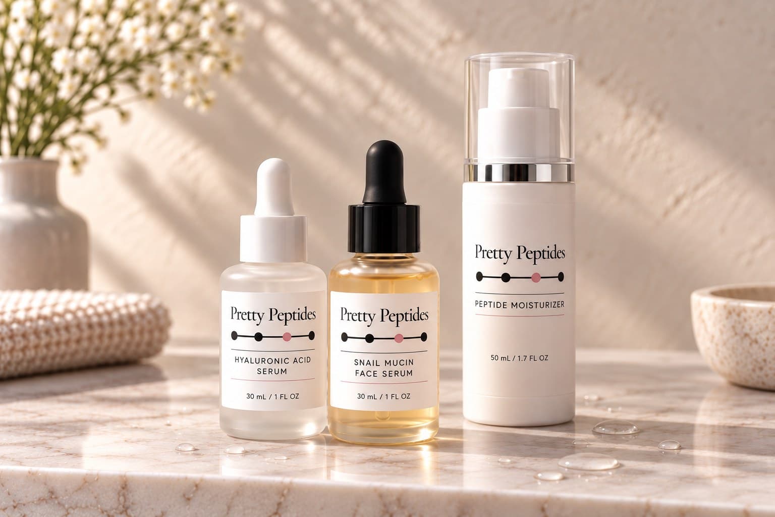 Pretty Peptides Hydration Set — Hyaluronic Acid Serum, Snail Mucin Face Serum and Peptide Moisturizer on wet marble