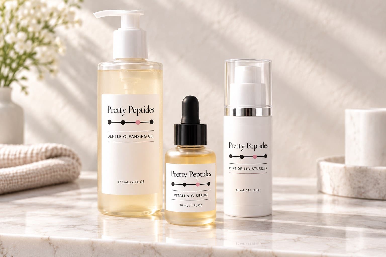 Pretty Peptides Morning Ritual set — Gentle Cleansing Gel, Vitamin C Serum and Peptide Moisturizer on a marble ledge
