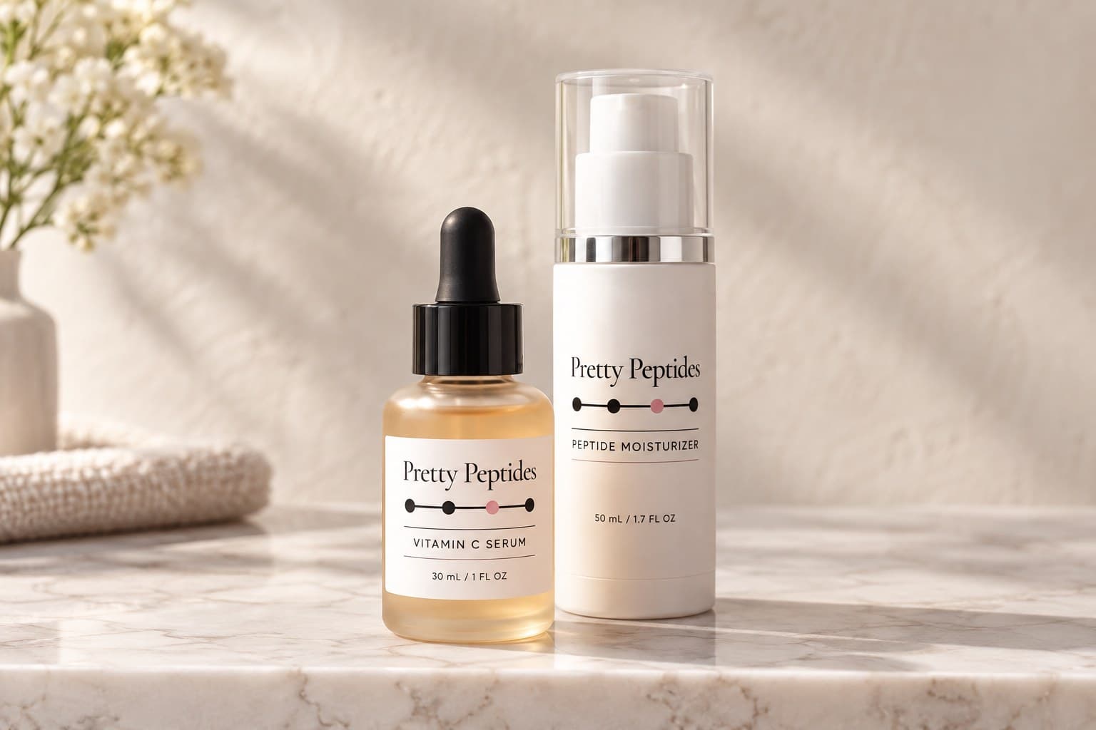 Pretty Peptides Starter Duo — Vitamin C Serum and Peptide Moisturizer on a marble ledge in morning light