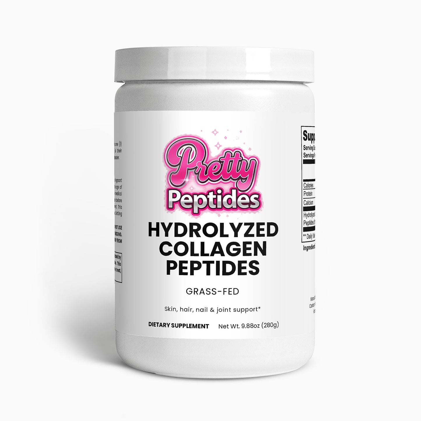 Front view of Grass-Fed Hydrolyzed Collagen Peptides jar showcasing clean, natural supplement packaging