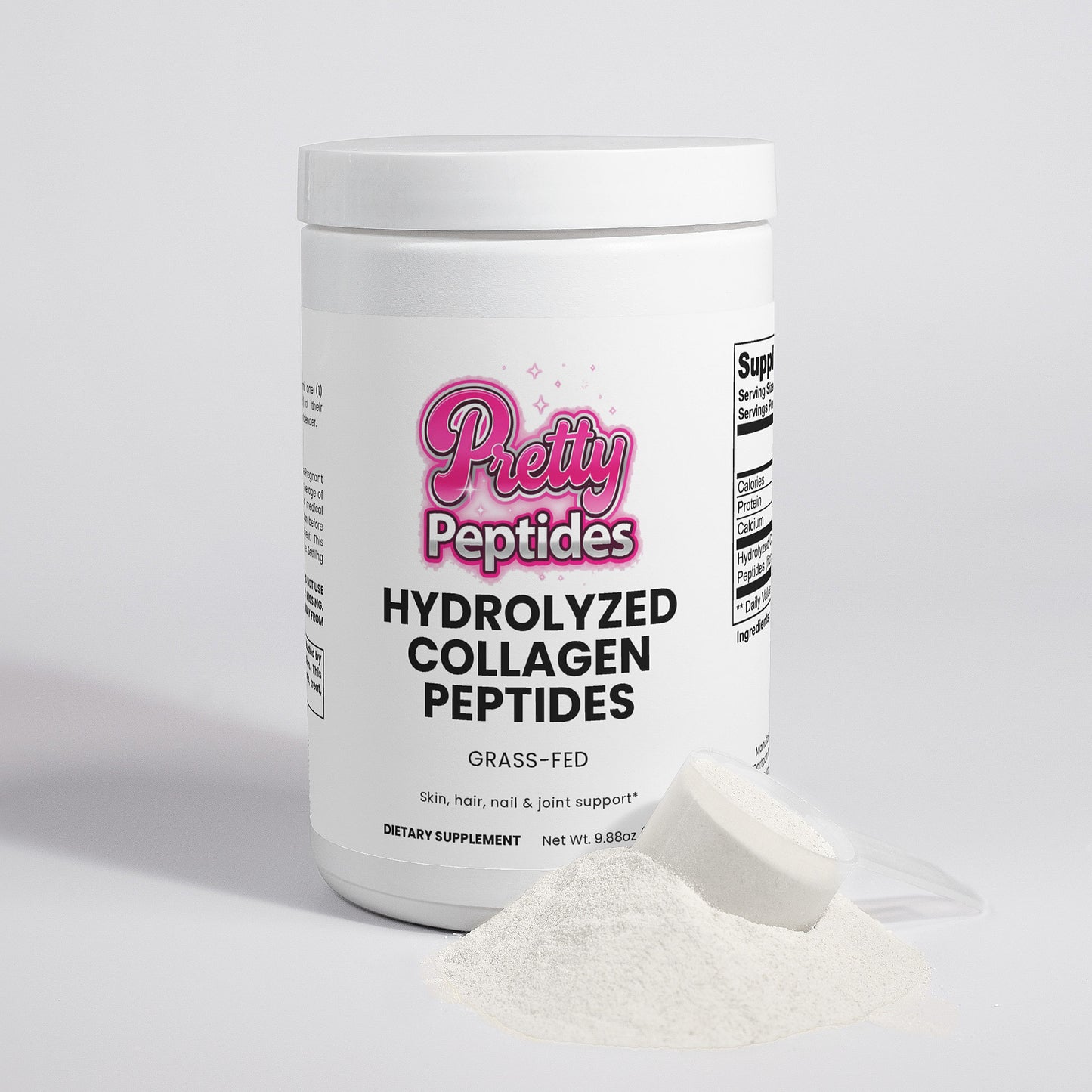 Fine powder of Grass-Fed Hydrolyzed Collagen Peptides ready to mix into drinks or recipes