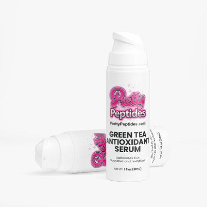Applying Green Tea Antioxidant Serum to face and neck for hydrated, radiant skin