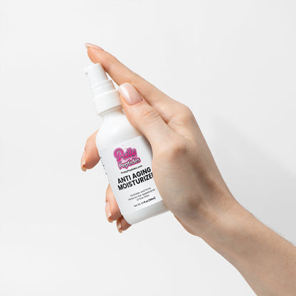 Angled view of Prettypeptides Anti-Aging Moisturizer highlighting sleek jar design