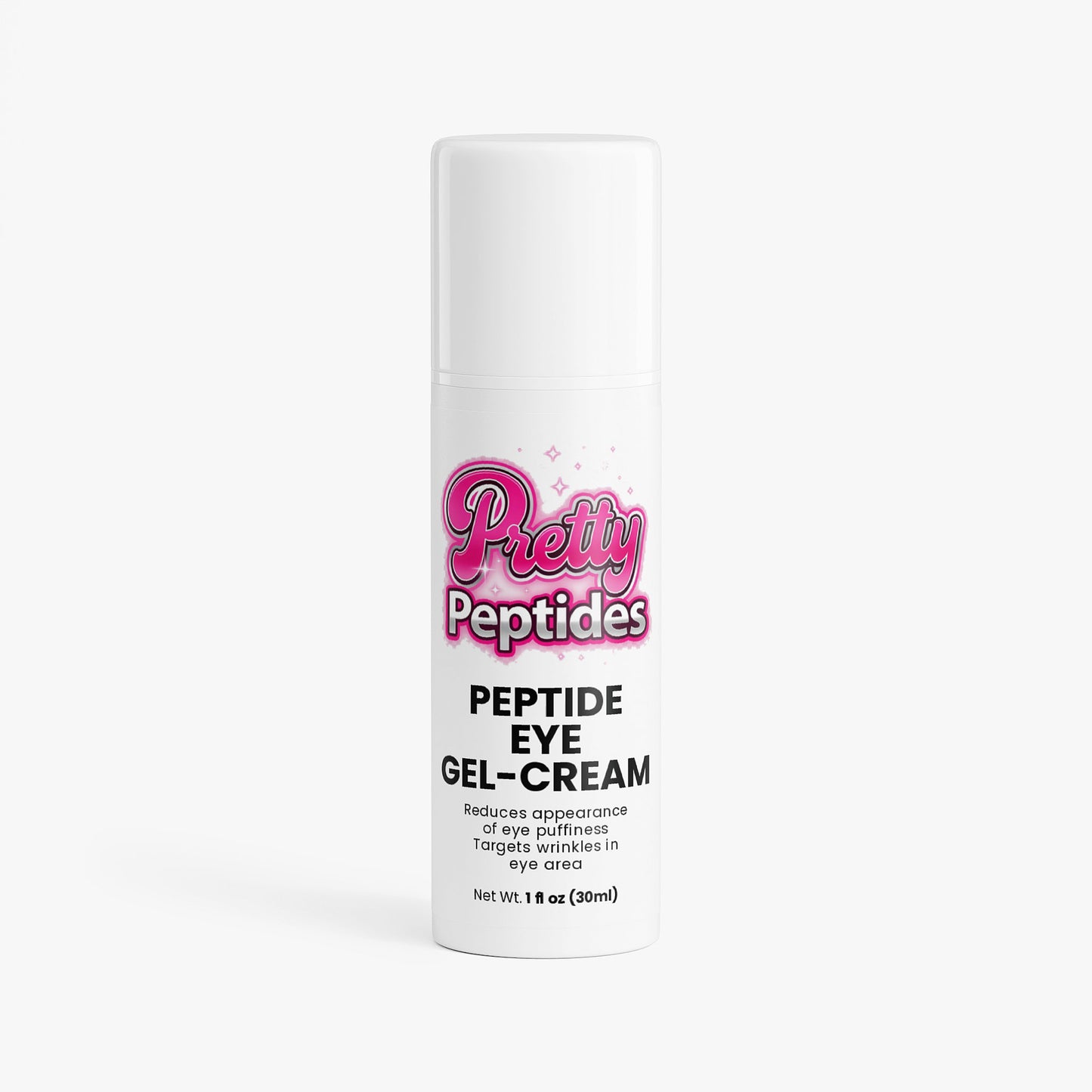 Front view of Prettypeptides peptide eye gel cream packaging showing lightweight anti aging formula