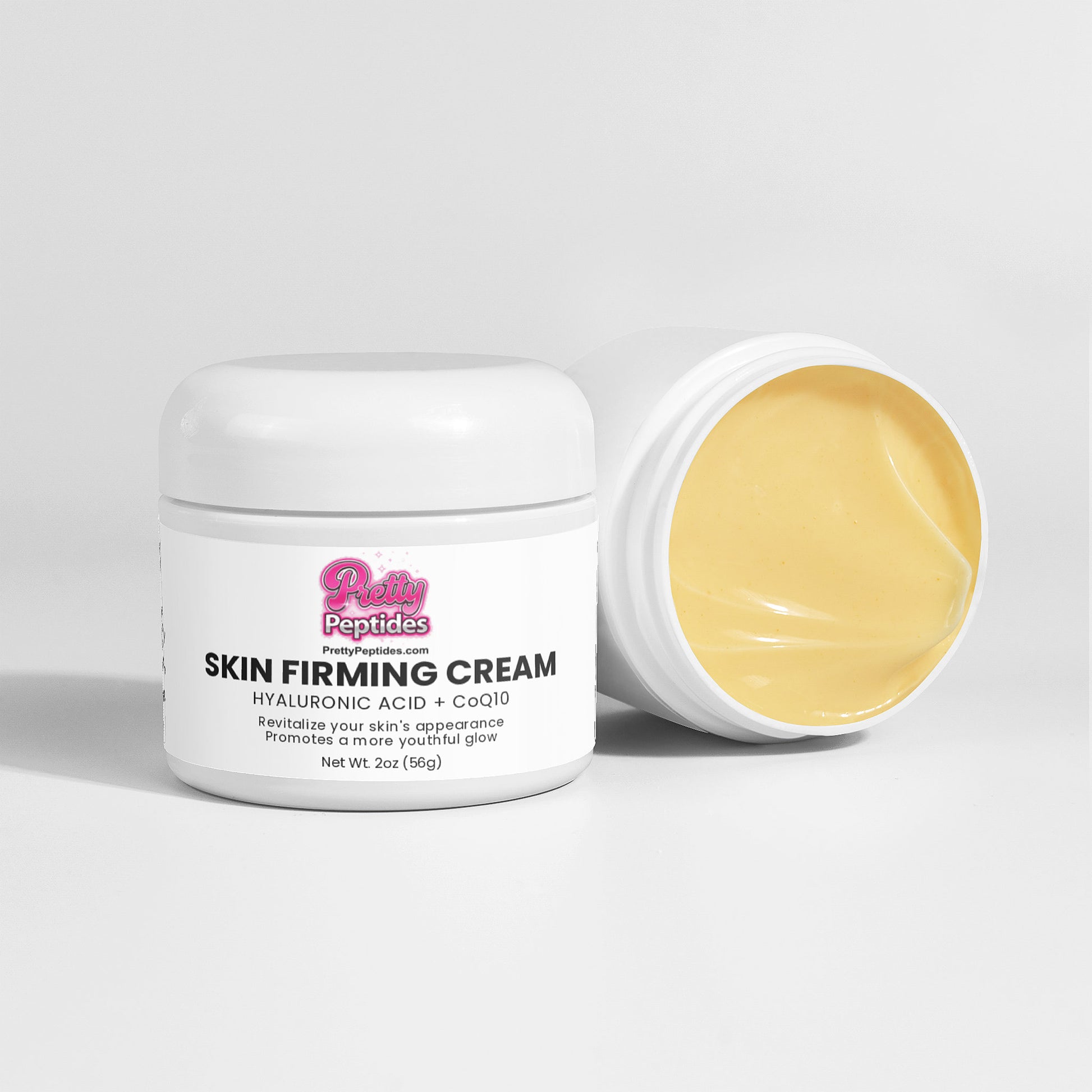 Close-up of Prettypeptides Skin Firming Cream showing rich, smooth, fast-absorbing texture