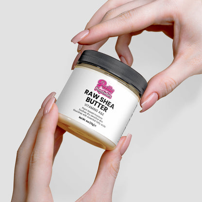 Key natural ingredients in Raw Shea Butter including vitamins A, E, and F for skin repair and nourishment